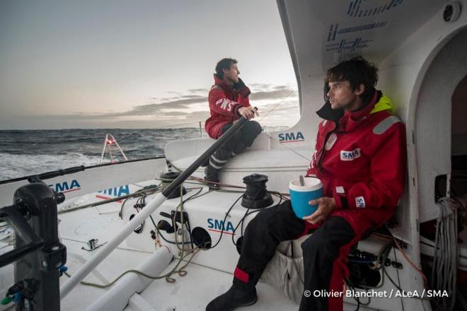 Doublehanded crew of Paul Meilhat and Gwénolé Gahinet on the IMOCA 60 SMA – Rolex Fastnet Race © Olivier Blanchet / DPPI / SMA